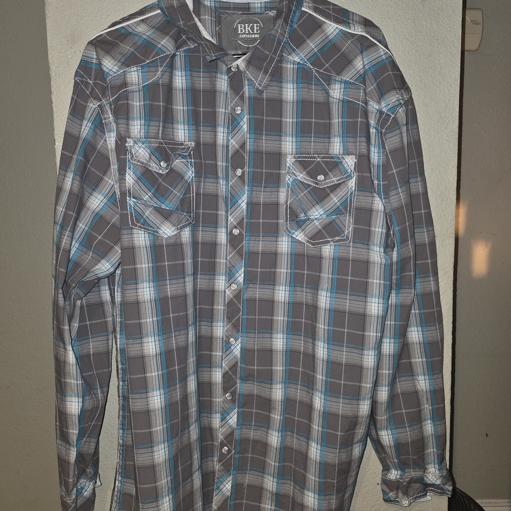 BKE Men's Casual Blue and Gray Plaid Shirt